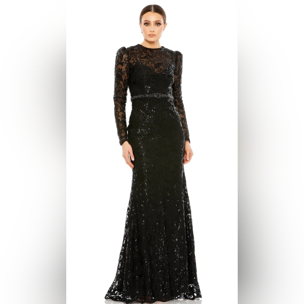 Macduggal Black Sequin Embroidered Evening Gown Long Sleeve Dress Gown 4 6
